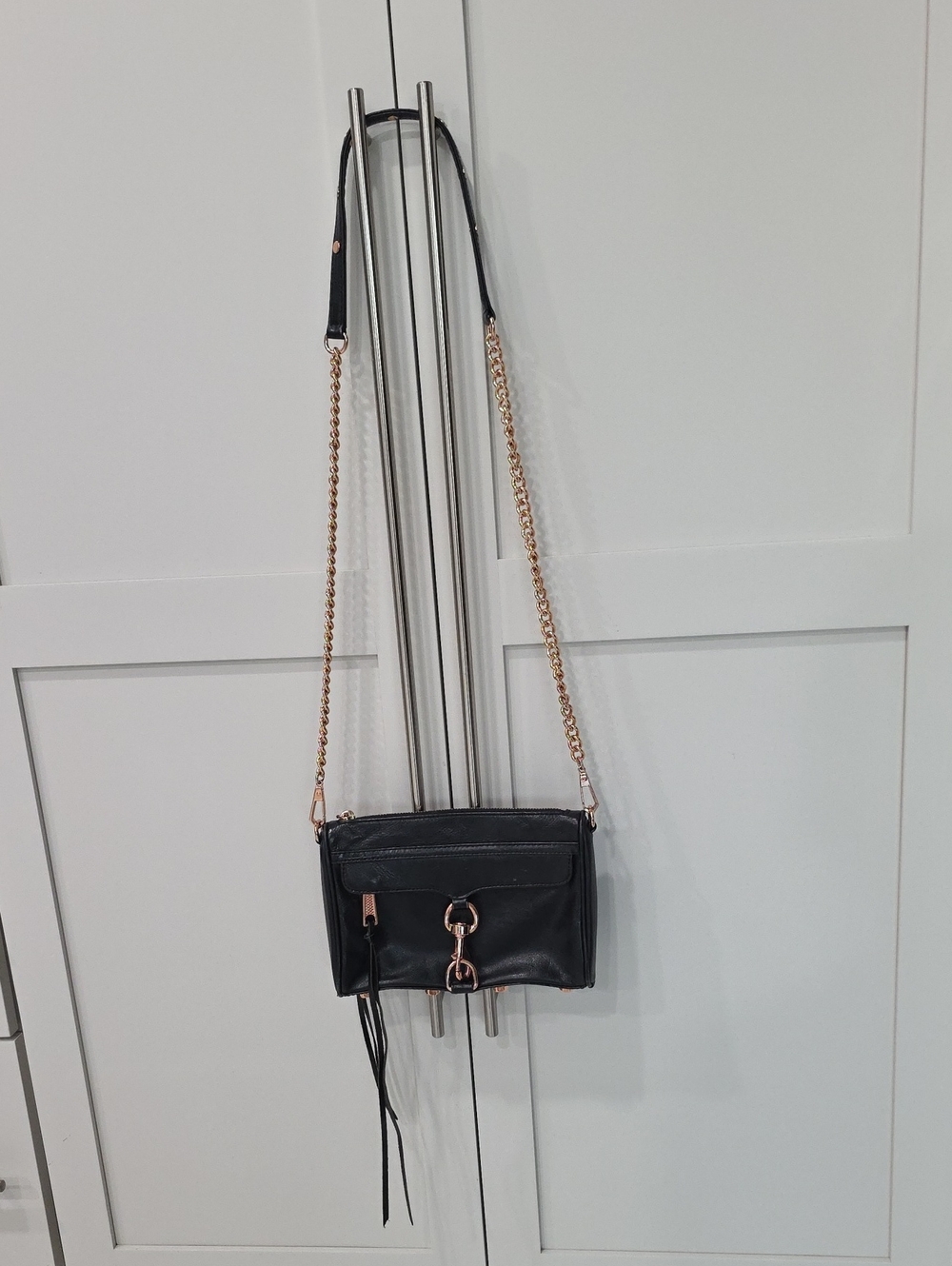 Black Leather Crossbody Bag with Rose Gold Hardware By Rebecca Minkoff
